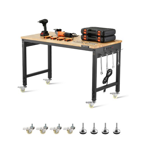 Banco de trabajo VEVOR de 122 cm con ruedas, mesa de altura ajustable, toma de corriente y tablero perforado