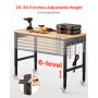 Banco de trabajo VEVOR de 122 cm con ruedas, mesa de altura ajustable, toma de corriente y tablero perforado