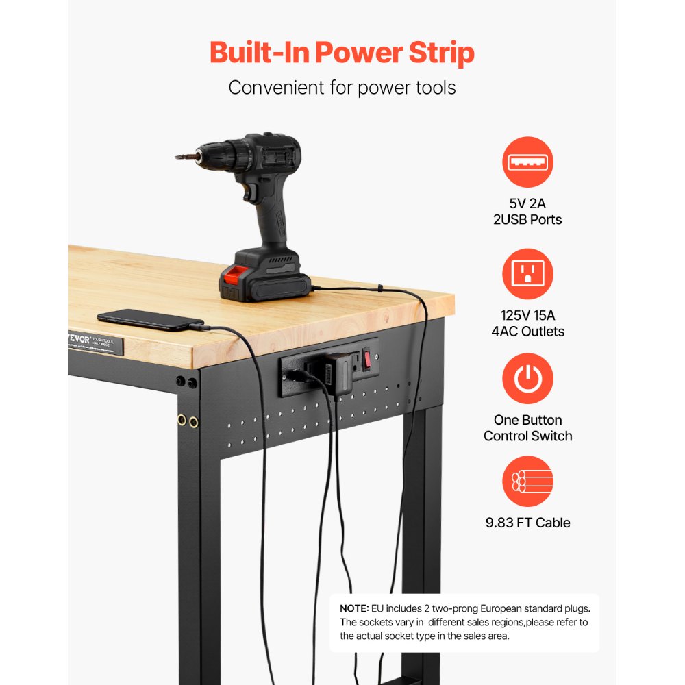 Banco de trabajo ajustable VEVOR de 60 pulgadas, capacidad de carga de 2000 lb, con toma de corriente, ruedas y tablero perforado, mesa de trabajo resistente con cubierta de madera de roble para garaje, taller, oficina y hogar.