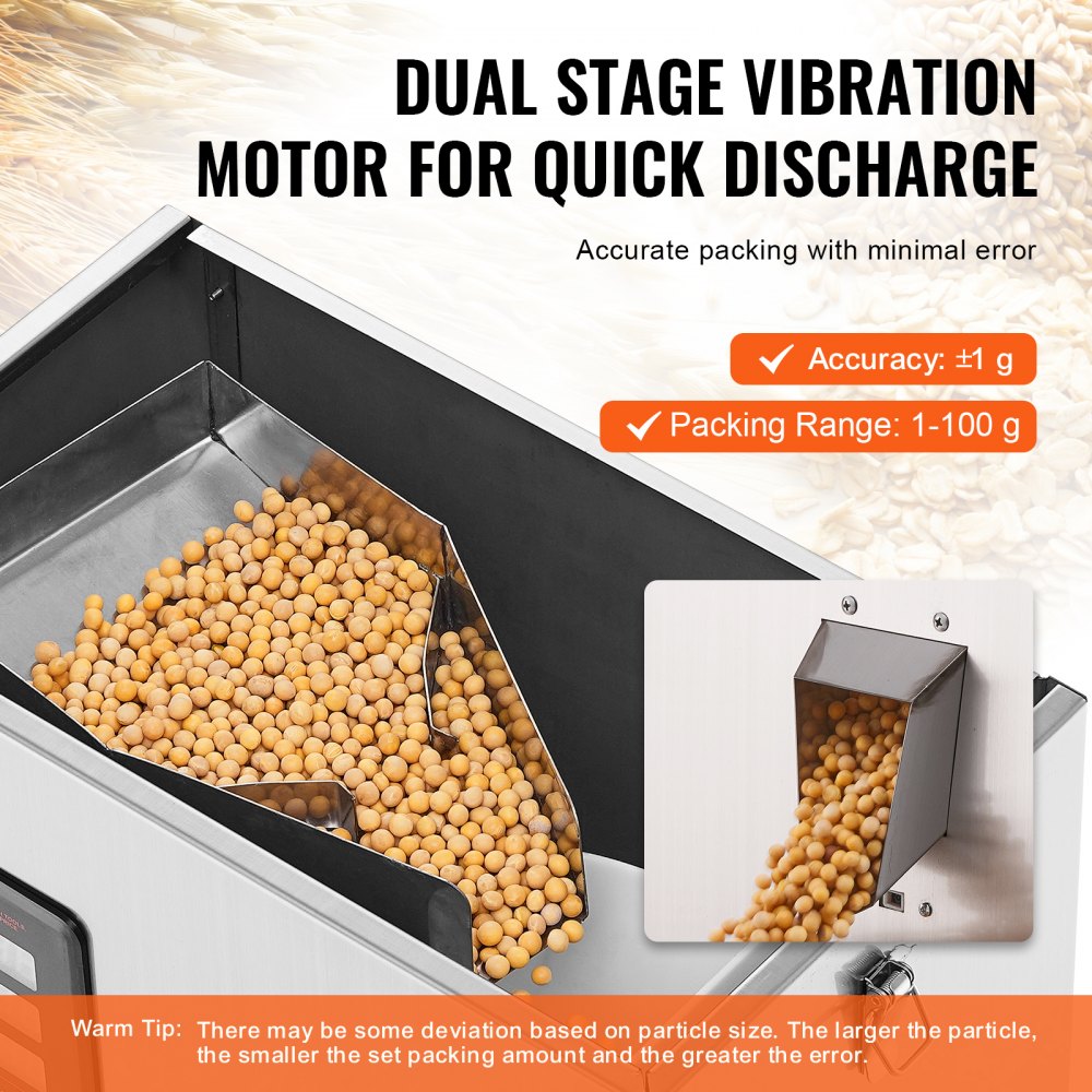 Máquina envasadora automática de partículas VEVOR, 0,002-0,22 lb/1-100 g, máquina envasadora multifunción con pesaje y llenado de sobres de polvo, para té, semillas, granos, harina, frijoles y purpurina.