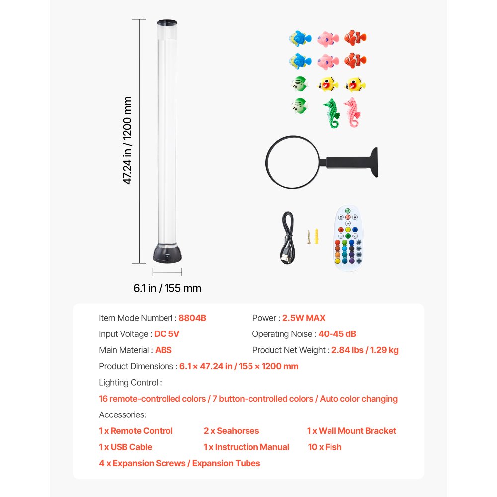 Lámpara de tubo de burbujas sensorial VEVOR, tubo de burbujas de 1,2 m, lámpara de acuario sensorial con 10 peces flotantes y 16 efectos de color, control remoto, luz relajante antiestrés para dormitorio, sala de estar y decoración del hogar
