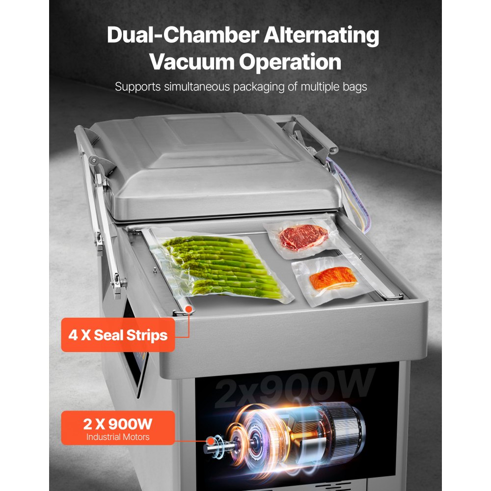 Selladora al vacío de cámara VEVOR, 1200 W de potencia, ideal para alimentos húmedos, carnes, marinadas y más. Tamaño compacto con 60 cm de longitud de sellado. Apta para uso doméstico y comercial.