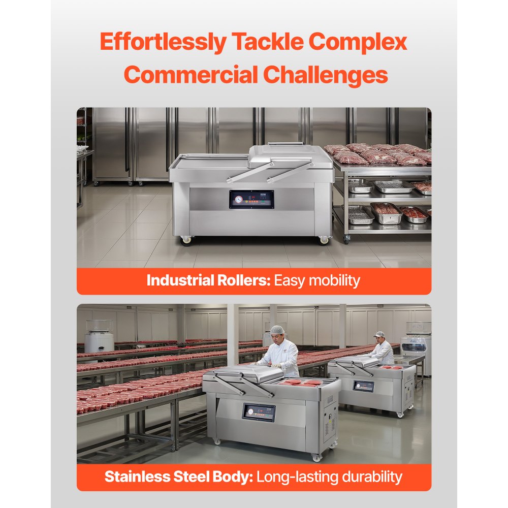 Selladora al vacío de cámara VEVOR, 1200 W de potencia, ideal para alimentos húmedos, carnes, marinadas y más. Tamaño compacto con 60 cm de longitud de sellado. Apta para uso doméstico y comercial.