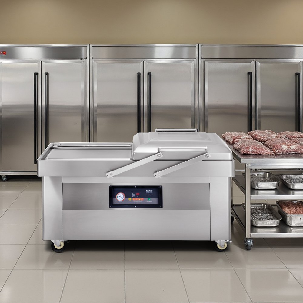Selladora al vacío de cámara VEVOR, 1200 W de potencia, ideal para alimentos húmedos, carnes, marinadas y más. Tamaño compacto con 60 cm de longitud de sellado. Apta para uso doméstico y comercial.