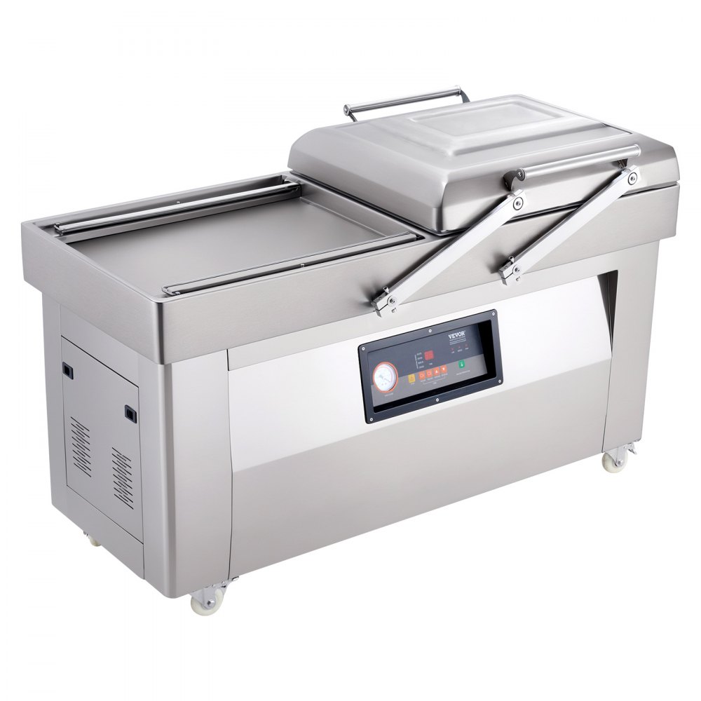 Selladora al vacío de cámara VEVOR, 1200 W de potencia, ideal para alimentos húmedos, carnes, marinadas y más. Tamaño compacto con 60 cm de longitud de sellado. Apta para uso doméstico y comercial.