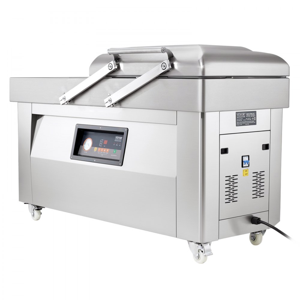 Selladora al vacío de cámara VEVOR, 1200 W de potencia, ideal para alimentos húmedos, carnes, marinadas y más. Tamaño compacto con 60 cm de longitud de sellado. Apta para uso doméstico y comercial.