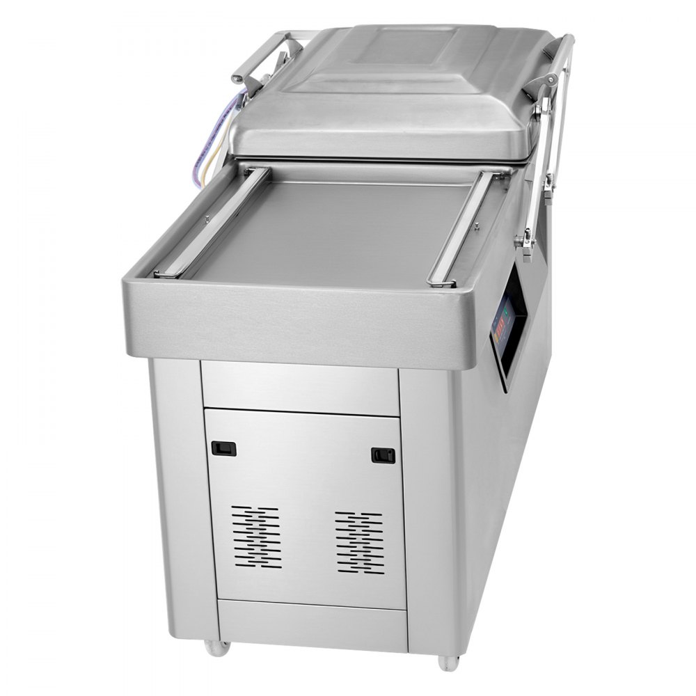 Selladora al vacío de cámara VEVOR, 1200 W de potencia, ideal para alimentos húmedos, carnes, marinadas y más. Tamaño compacto con 60 cm de longitud de sellado. Apta para uso doméstico y comercial.