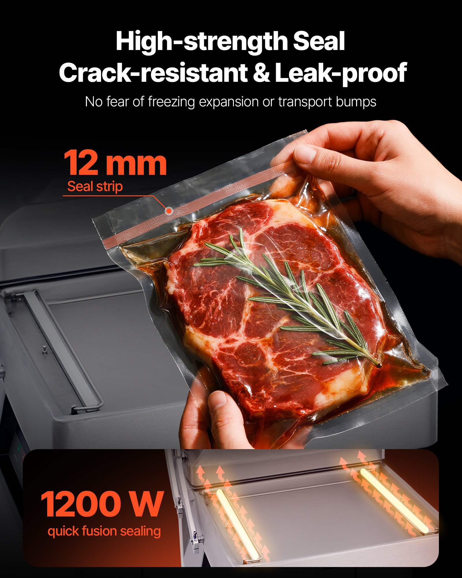 Selladora al vacío de cámara VEVOR, 1200 W de potencia, ideal para alimentos húmedos, carnes, marinadas y más. Tamaño compacto con 60 cm de longitud de sellado. Apta para uso doméstico y comercial.