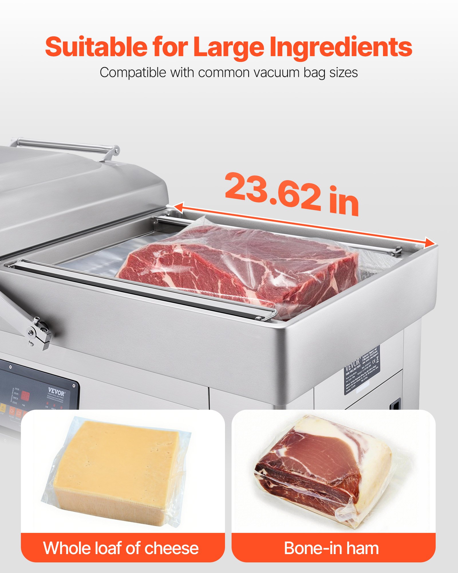 Selladora al vacío de cámara VEVOR, 1200 W de potencia, ideal para alimentos húmedos, carnes, marinadas y más. Tamaño compacto con 60 cm de longitud de sellado. Apta para uso doméstico y comercial.