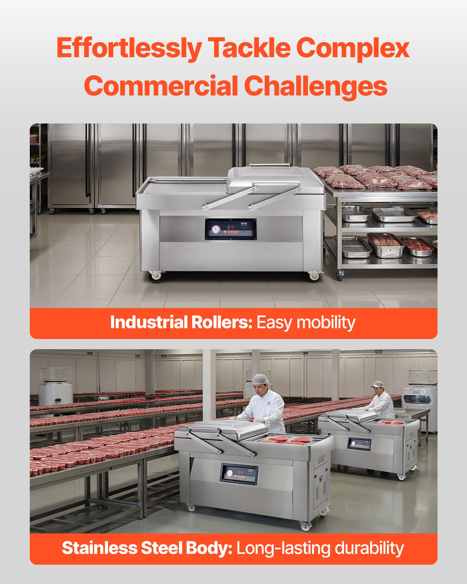 Selladora al vacío de cámara VEVOR, 1200 W de potencia, ideal para alimentos húmedos, carnes, marinadas y más. Tamaño compacto con 60 cm de longitud de sellado. Apta para uso doméstico y comercial.