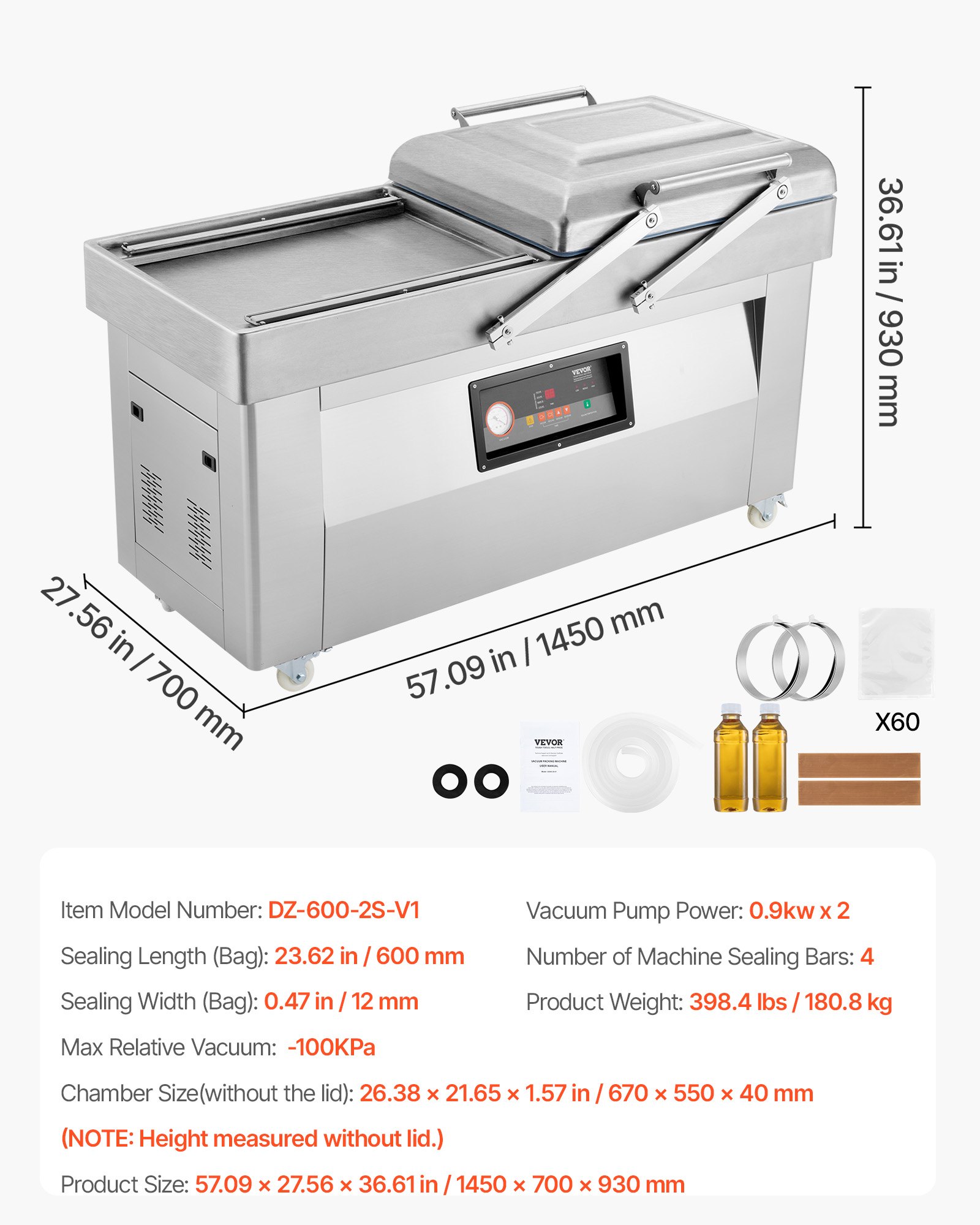 Selladora al vacío de cámara VEVOR, 1200 W de potencia, ideal para alimentos húmedos, carnes, marinadas y más. Tamaño compacto con 60 cm de longitud de sellado. Apta para uso doméstico y comercial.