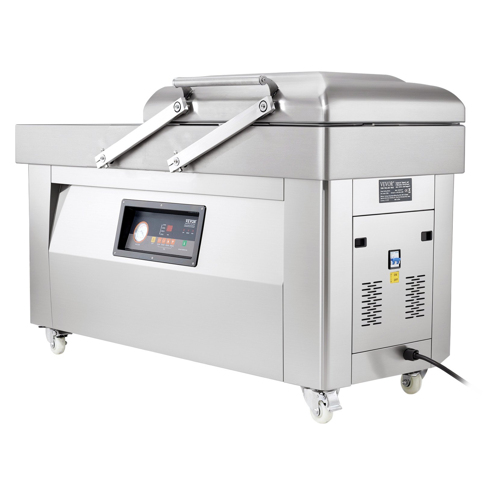 Selladora al vacío de cámara VEVOR, 1200 W de potencia, ideal para alimentos húmedos, carnes, marinadas y más. Tamaño compacto con 60 cm de longitud de sellado. Apta para uso doméstico y comercial.