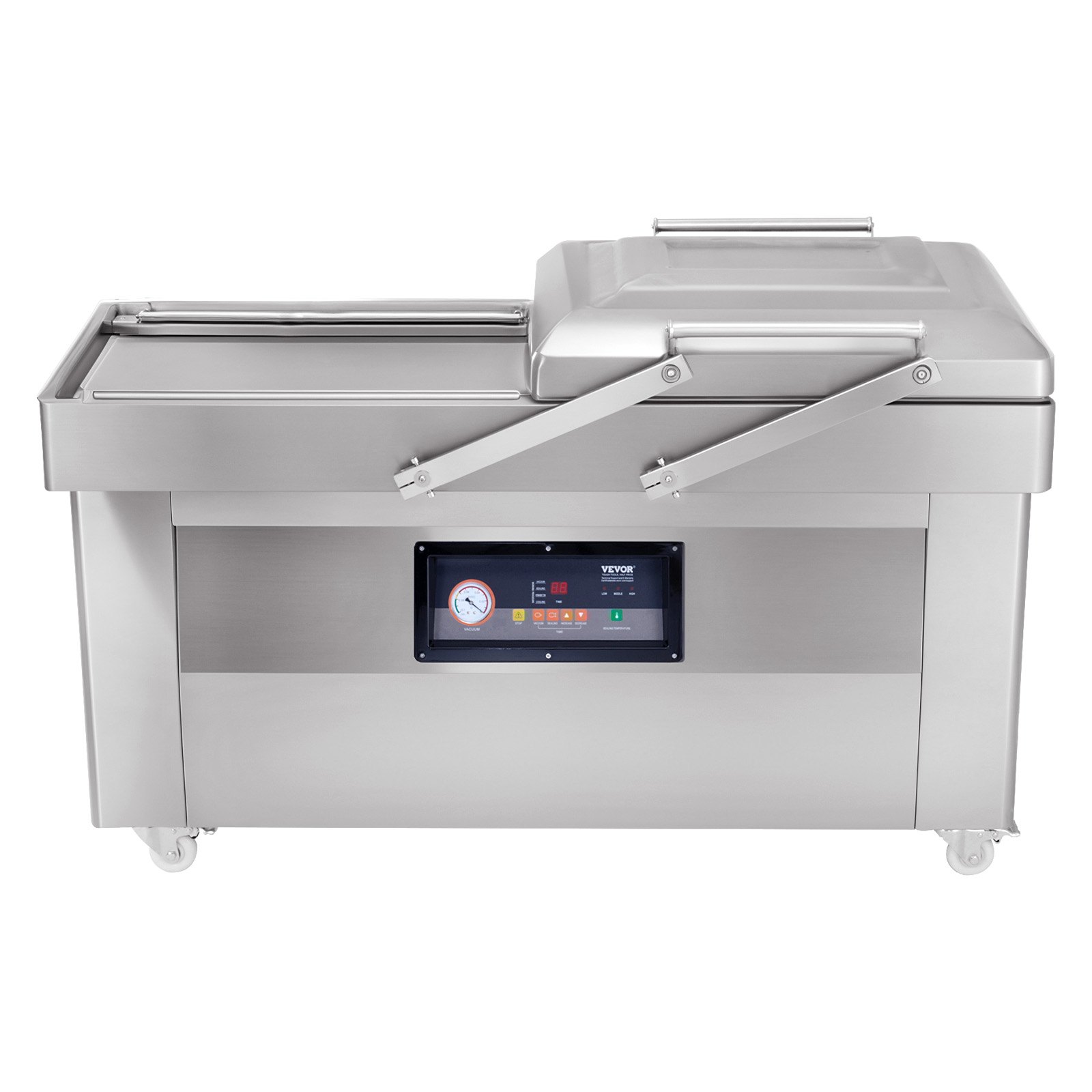 Selladora al vacío de cámara VEVOR, 1200 W de potencia, ideal para alimentos húmedos, carnes, marinadas y más. Tamaño compacto con 60 cm de longitud de sellado. Apta para uso doméstico y comercial.