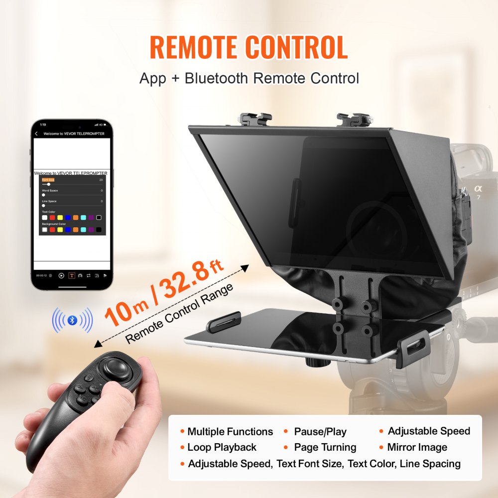 Teleprompter VEVOR de 13" de aleación de aluminio, de suelo, con espectroscopio de ángulo ajustable y control remoto para YouTube, Twitch y Zoom. Compatible con DSLR, webcam y smartphones. Para grabación de vídeo y transmisión en directo.