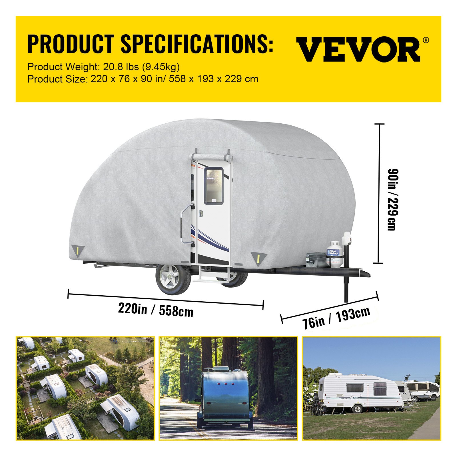 VEVOR Cubierta de remolque en forma de lágrima, apta para remolques de 18' - 20', cubierta de caravana de 4 capas no tejida mejorada, cubierta de remolque de viaje impermeable a prueba de rayos UV con 2 correas a prueba de viento, 1 bolsa de almacenamiento y 1 puerta delantera