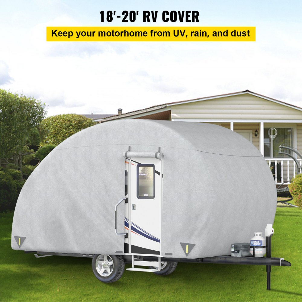 VEVOR Cubierta de remolque en forma de lágrima, apta para remolques de 12 a 15 pies, cubierta de caravana de 4 capas no tejida mejorada, cubierta de remolque de viaje impermeable a prueba de rayos UV con 2 correas a prueba de viento y 1 bolsa de almacenamiento