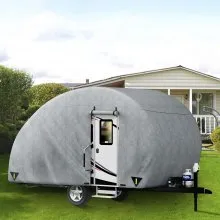 VEVOR Cubierta de remolque en forma de lágrima, apta para remolques de 12 a 15 pies, cubierta de caravana de 4 capas no tejida mejorada, cubierta de remolque de viaje impermeable a prueba de rayos UV con 2 correas a prueba de viento y 1 bolsa de almacenamiento