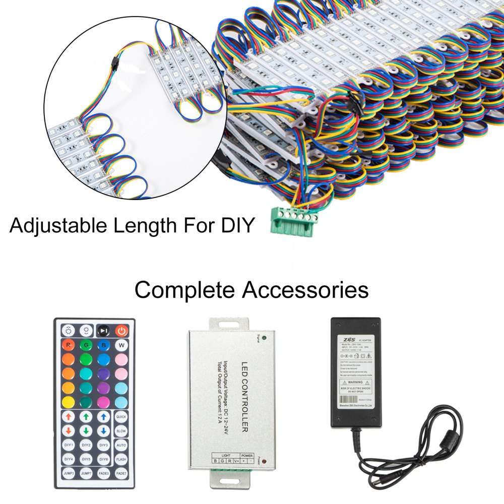 Luces de escaparate VEVOR con tiras de LED, control remoto, controlador y adaptador de corriente.
