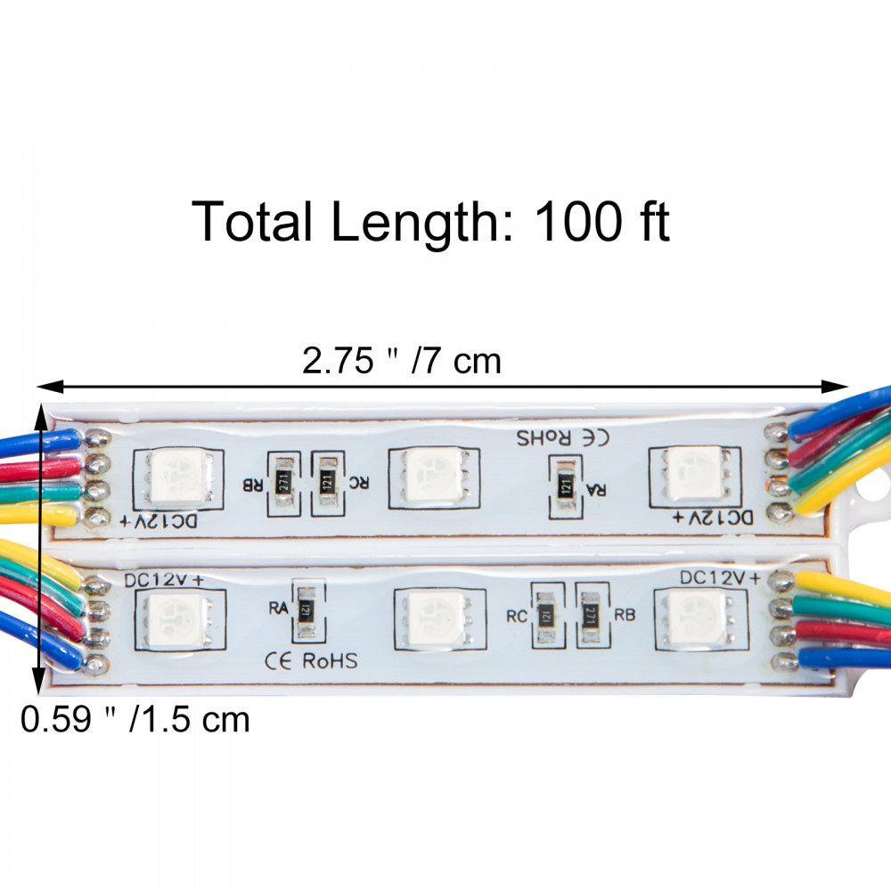 Luces de escaparate VEVOR de 100 pies, tira de LED, 2,75&quot; de largo, 0,59&quot; de ancho, cables multicolores.