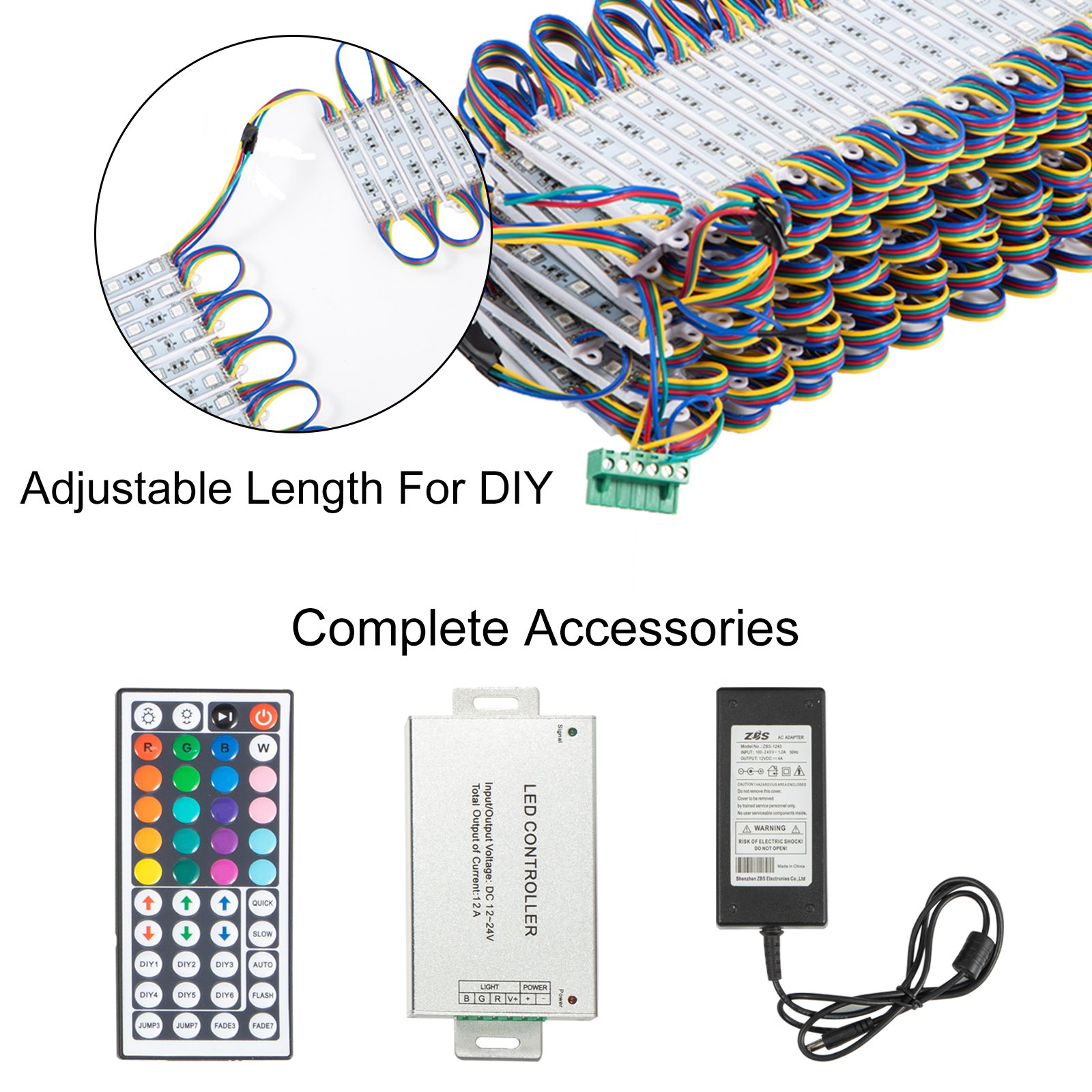 Luces de escaparate VEVOR con tiras de LED, control remoto, controlador y adaptador de corriente.