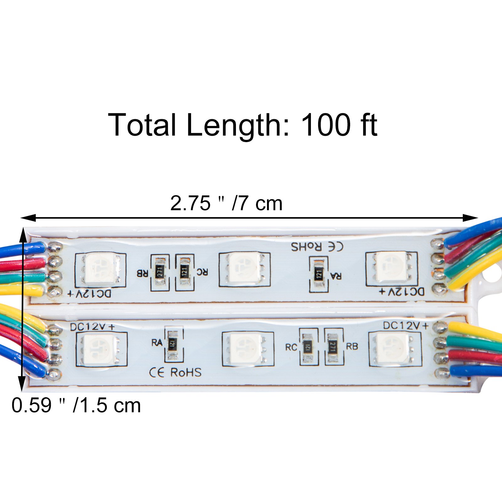 Luces de escaparate VEVOR de 100 pies, tira de LED, 2,75&quot; de largo, 0,59&quot; de ancho, cables multicolores.