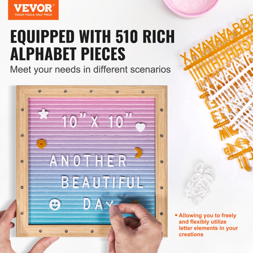 VEVOR Tablero de letras de fieltro degradado, tablero de mensajes de fieltro de 10.0 x 10.0 in, tableros de letreros intercambiables con 510 letras, soporte y luces LED integradas, cartel de anuncio de bebé para decoración del hogar, aula, oficina, boda