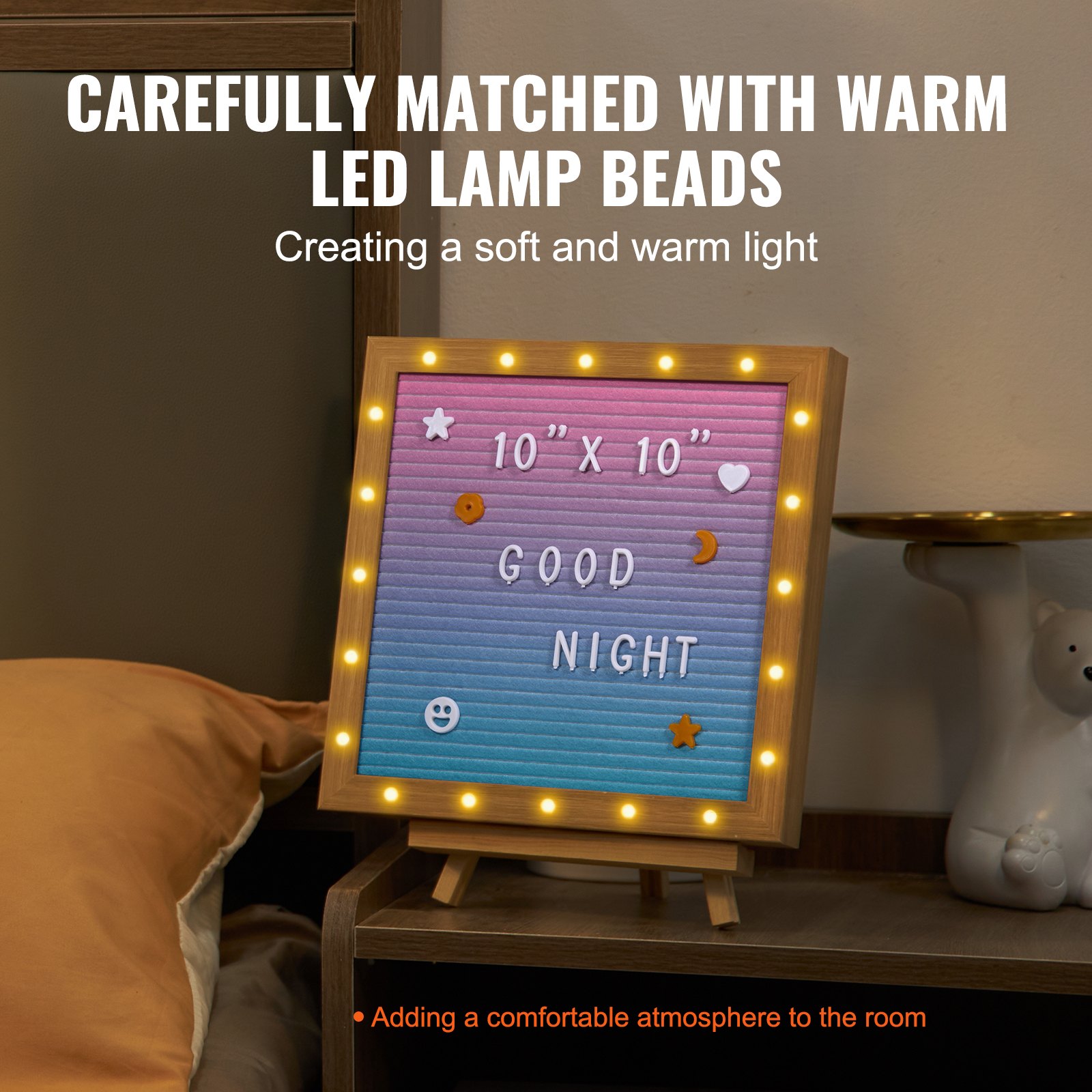 VEVOR Tablero de letras de fieltro degradado, tablero de mensajes de fieltro de 10.0 x 10.0 in, tableros de letreros intercambiables con 510 letras, soporte y luces LED integradas, cartel de anuncio de bebé para decoración del hogar, aula, oficina, boda