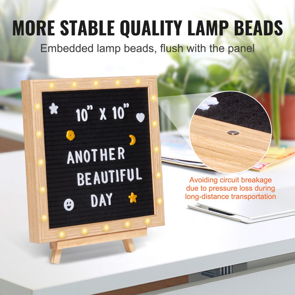 Tablero de letras de fieltro negro VEVOR, tablero de mensajes de fieltro de 25 x 25 cm, letreros intercambiables con 510 letras, soporte y luces LED integradas, letrero para anunciar un bebé, ideal para el hogar, el aula, la oficina, la decoración de bodas.