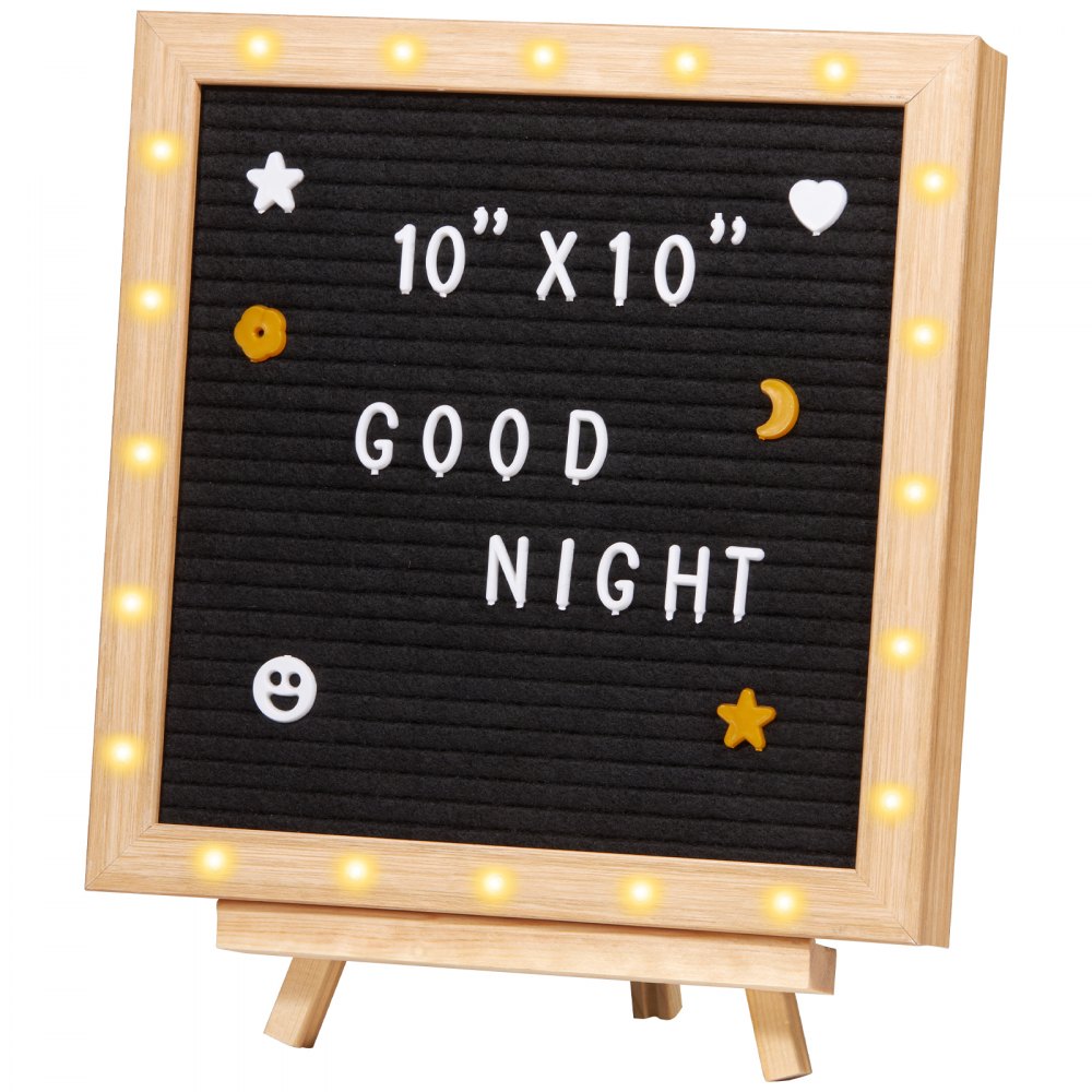 Tablero de letras de fieltro negro VEVOR, tablero de mensajes de fieltro de 25 x 25 cm, letreros intercambiables con 510 letras, soporte y luces LED integradas, letrero para anunciar un bebé, ideal para el hogar, el aula, la oficina, la decoración de bodas.
