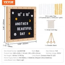 VEVOR Tablero de letras de fieltro negro, tablero de mensajes de fieltro de 10.0 x 10.0 in, tableros de letreros intercambiables con 510 letras, soporte y luces LED integradas, cartel de anuncio de bebé para decoración del hogar, aula, oficina, boda