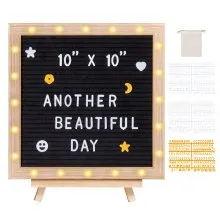 VEVOR Tablero de letras de fieltro negro, tablero de mensajes de fieltro de 10.0 x 10.0 in, tableros de letreros intercambiables con 510 letras, soporte y luces LED integradas, cartel de anuncio de bebé para decoración del hogar, aula, oficina, boda