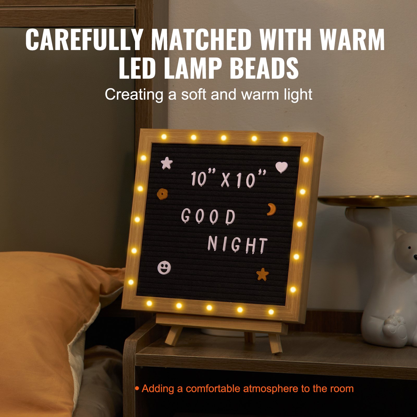 Tablero de letras de fieltro negro VEVOR, tablero de mensajes de fieltro de 25 x 25 cm, letreros intercambiables con 510 letras, soporte y luces LED integradas, letrero para anunciar un bebé, ideal para el hogar, el aula, la oficina, la decoración de bodas.