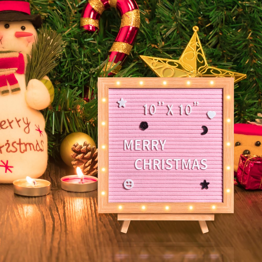 VEVOR Tablero de letras de fieltro rosa, tablero de mensajes de fieltro de 10.0 x 10.0 in, tableros de letreros intercambiables con 510 letras, soporte y luces LED integradas, cartel de anuncio de bebé para decoración del hogar, aula, oficina, boda