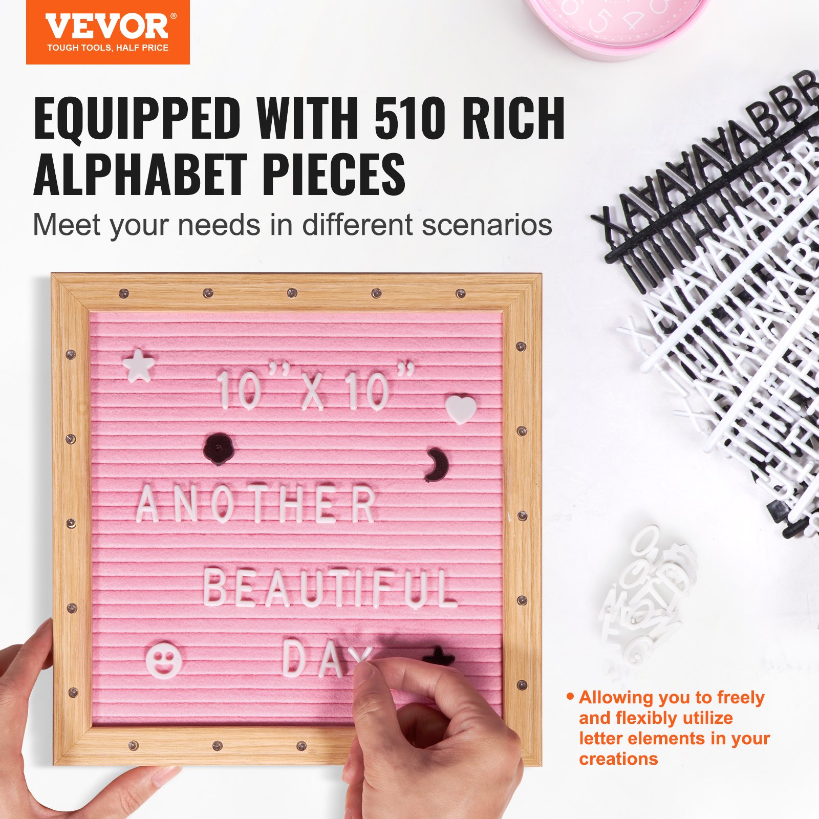 VEVOR Tablero de letras de fieltro rosa, tablero de mensajes de fieltro de 10.0 x 10.0 in, tableros de letreros intercambiables con 510 letras, soporte y luces LED integradas, cartel de anuncio de bebé para decoración del hogar, aula, oficina, boda