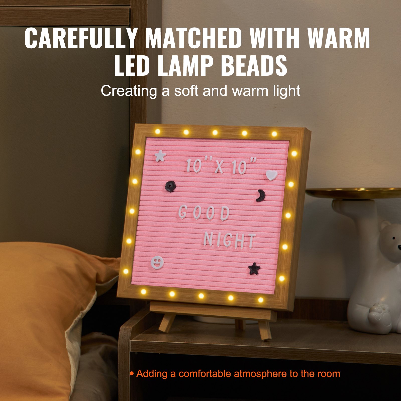 VEVOR Tablero de letras de fieltro rosa, tablero de mensajes de fieltro de 10.0 x 10.0 in, tableros de letreros intercambiables con 510 letras, soporte y luces LED integradas, cartel de anuncio de bebé para decoración del hogar, aula, oficina, boda