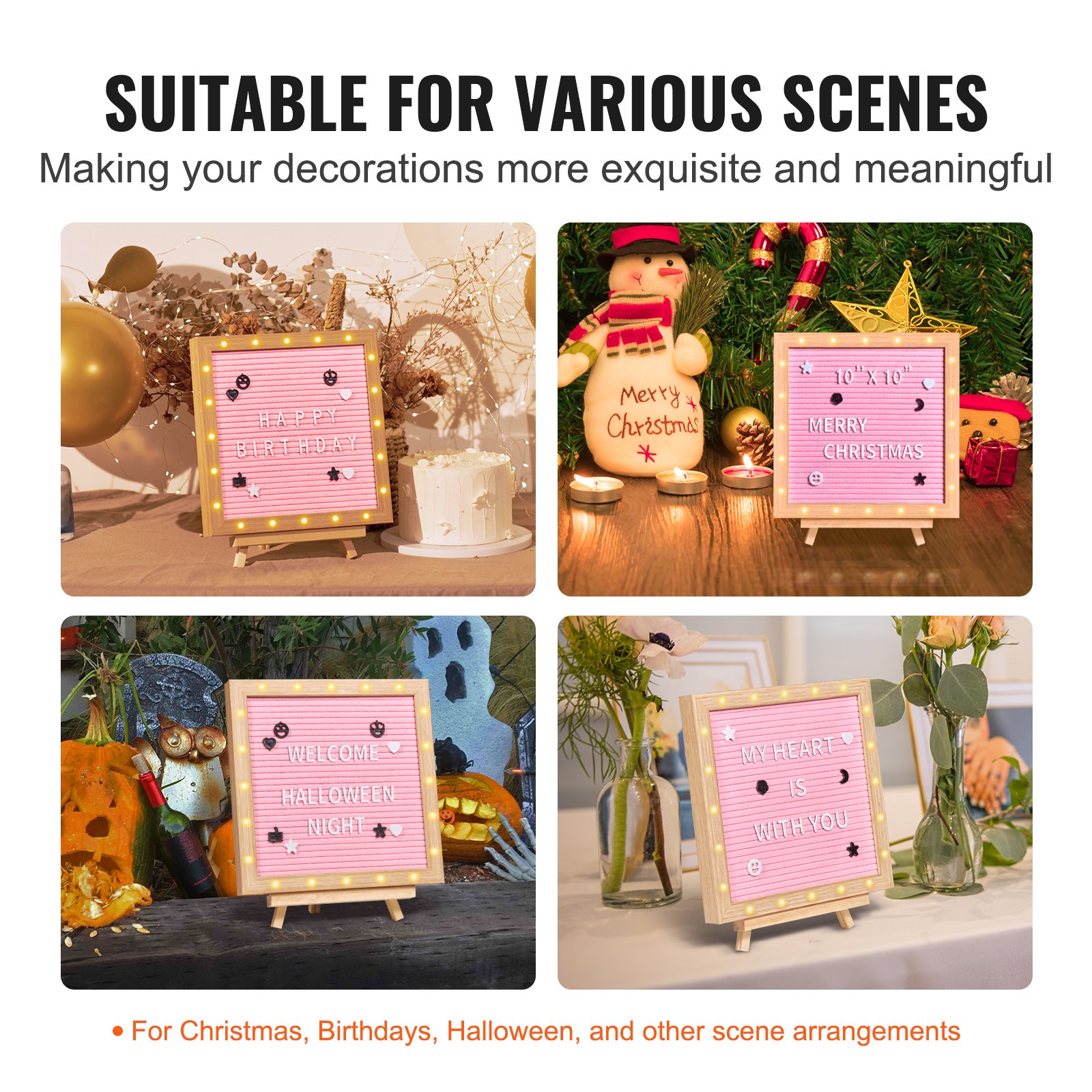 VEVOR Tablero de letras de fieltro rosa, tablero de mensajes de fieltro de 10.0 x 10.0 in, tableros de letreros intercambiables con 510 letras, soporte y luces LED integradas, cartel de anuncio de bebé para decoración del hogar, aula, oficina, boda