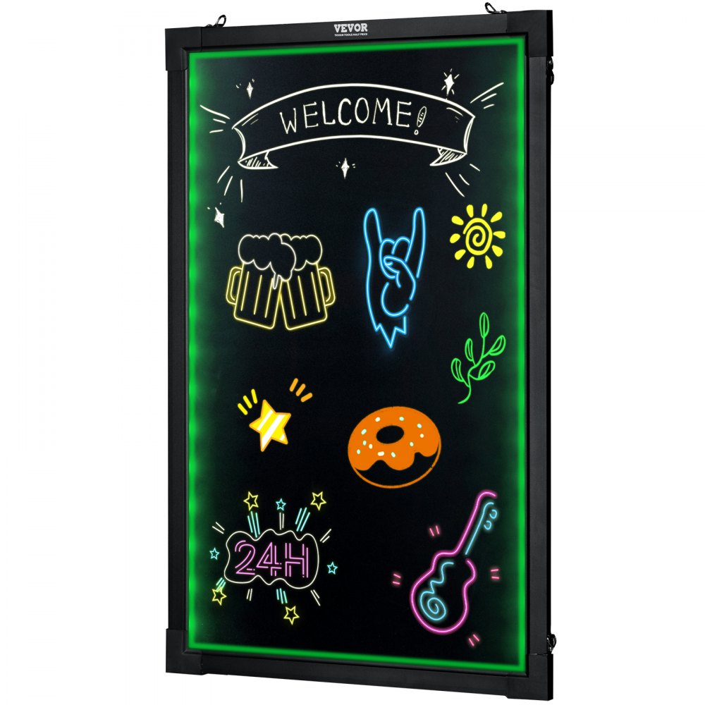 Tablero de escritura de mensajes LED VEVOR con dibujos de neón coloridos y texto &quot;¡Bienvenido!&quot; en borde verde.