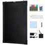 Tablero de escritura de mensajes LED VEVOR con accesorios que incluyen marcadores, control remoto, cadenas, tela, USB y adaptador.