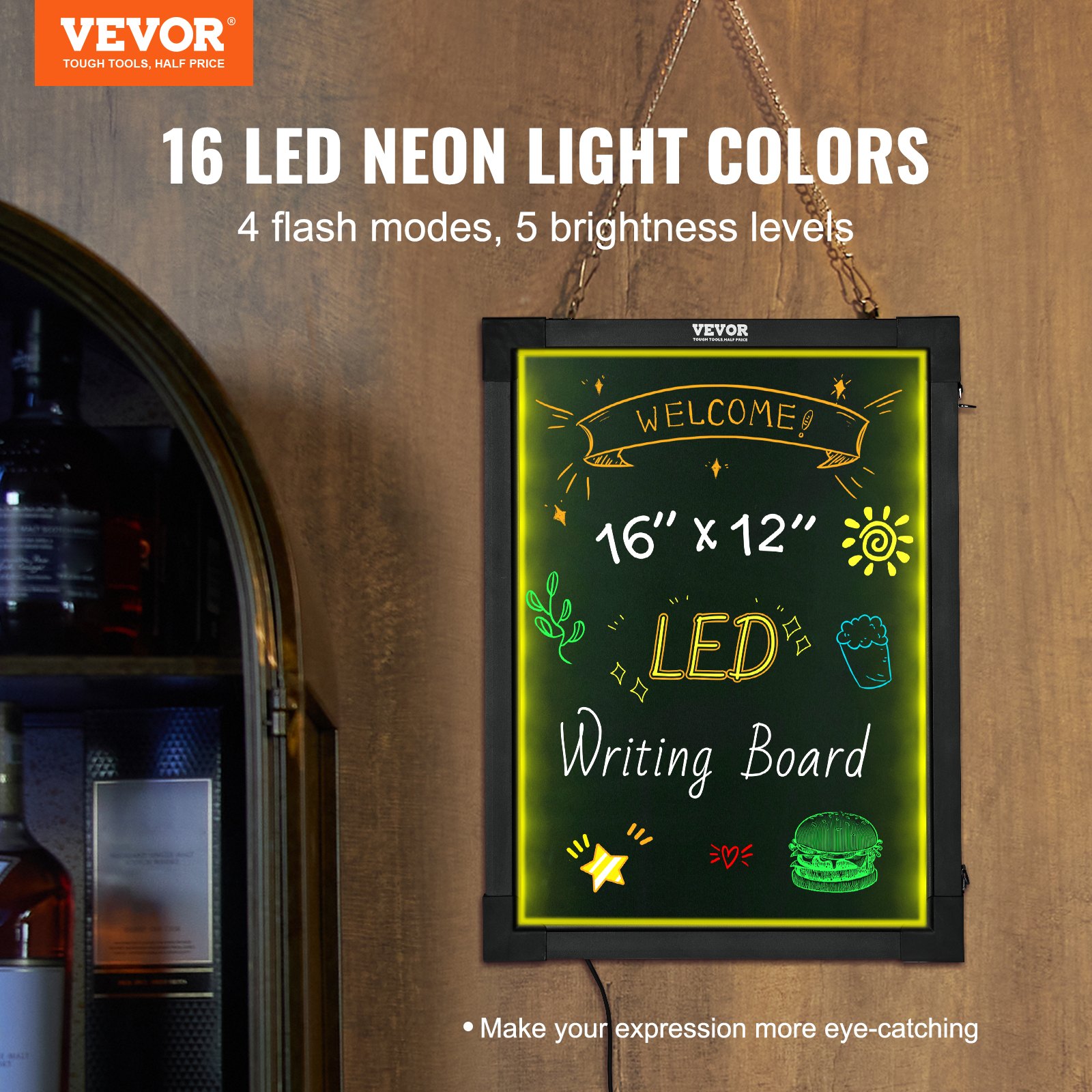 Tablero de escritura de mensajes LED VEVOR con 16 colores de luz de neón, 4 modos de flash y 5 niveles de brillo.
