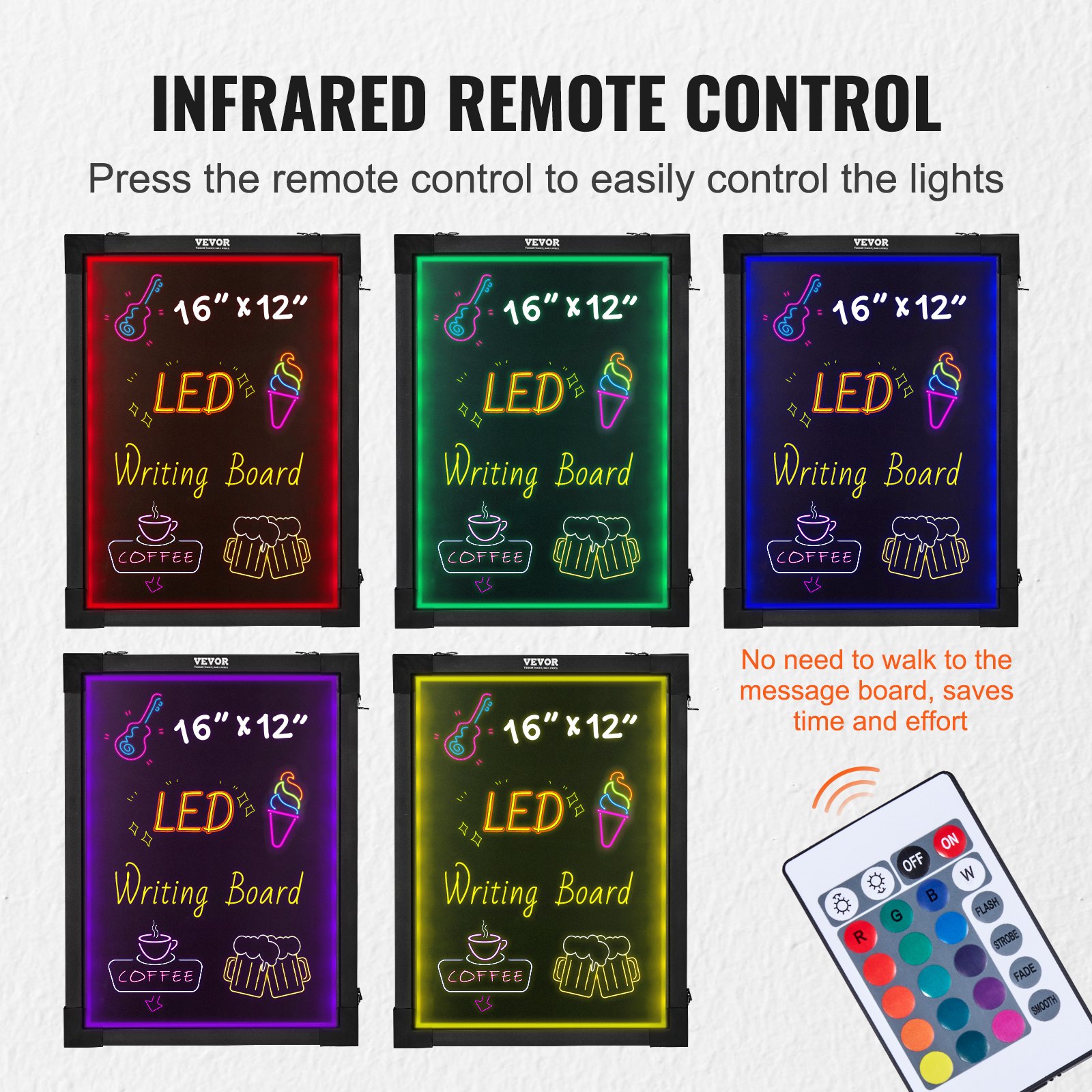 Tablero de escritura de mensajes LED VEVOR con control remoto por infrarrojos, con opciones de colores vibrantes.