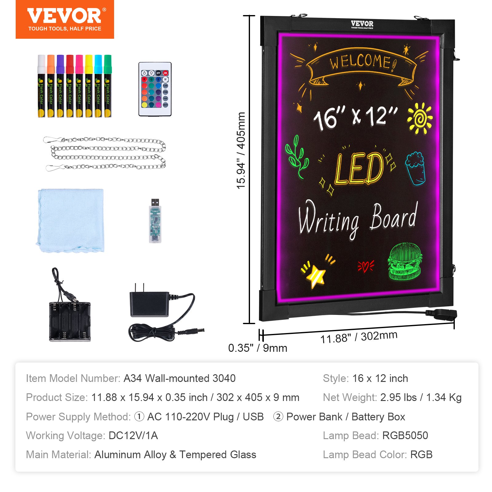 Tablero de mensajes LED VEVOR con accesorios, 16&quot; x 12&quot;, luces RGB, marcadores, cadenas y control remoto.