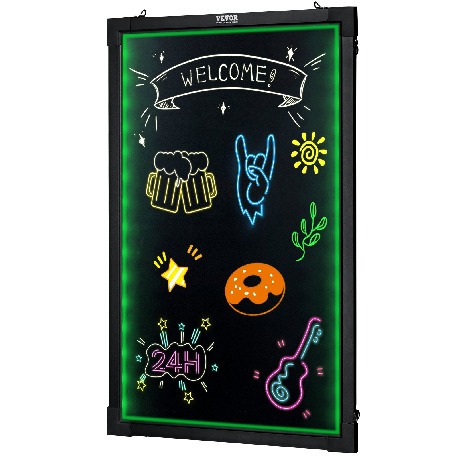 Tablero de escritura de mensajes LED VEVOR con dibujos de neón coloridos y texto &quot;¡Bienvenido!&quot; en borde verde.