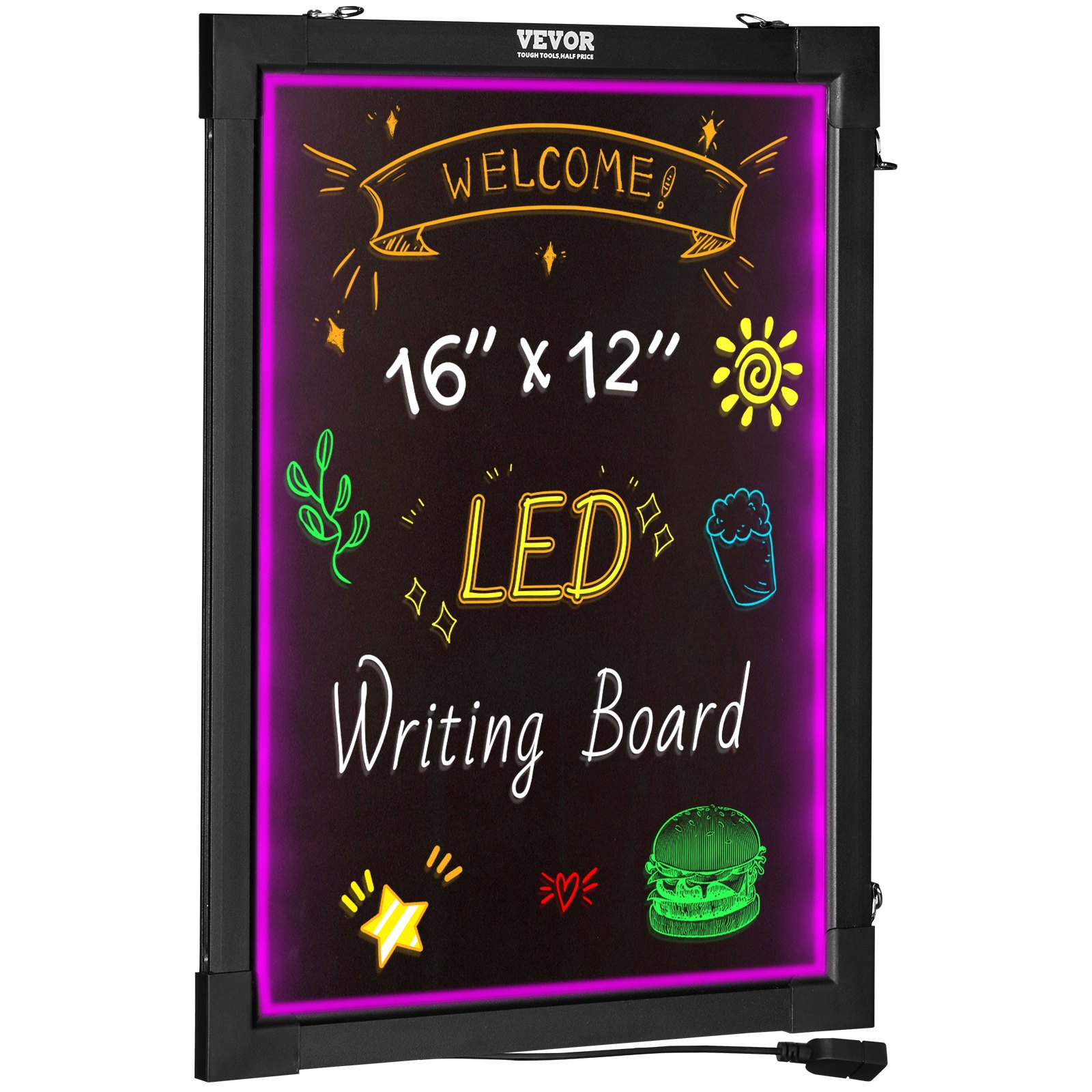 Tablero de escritura con mensajes LED VEVOR con garabatos, un cartel de &quot;bienvenida&quot;, tamaño 16&quot; x 12&quot; y dibujos coloridos.