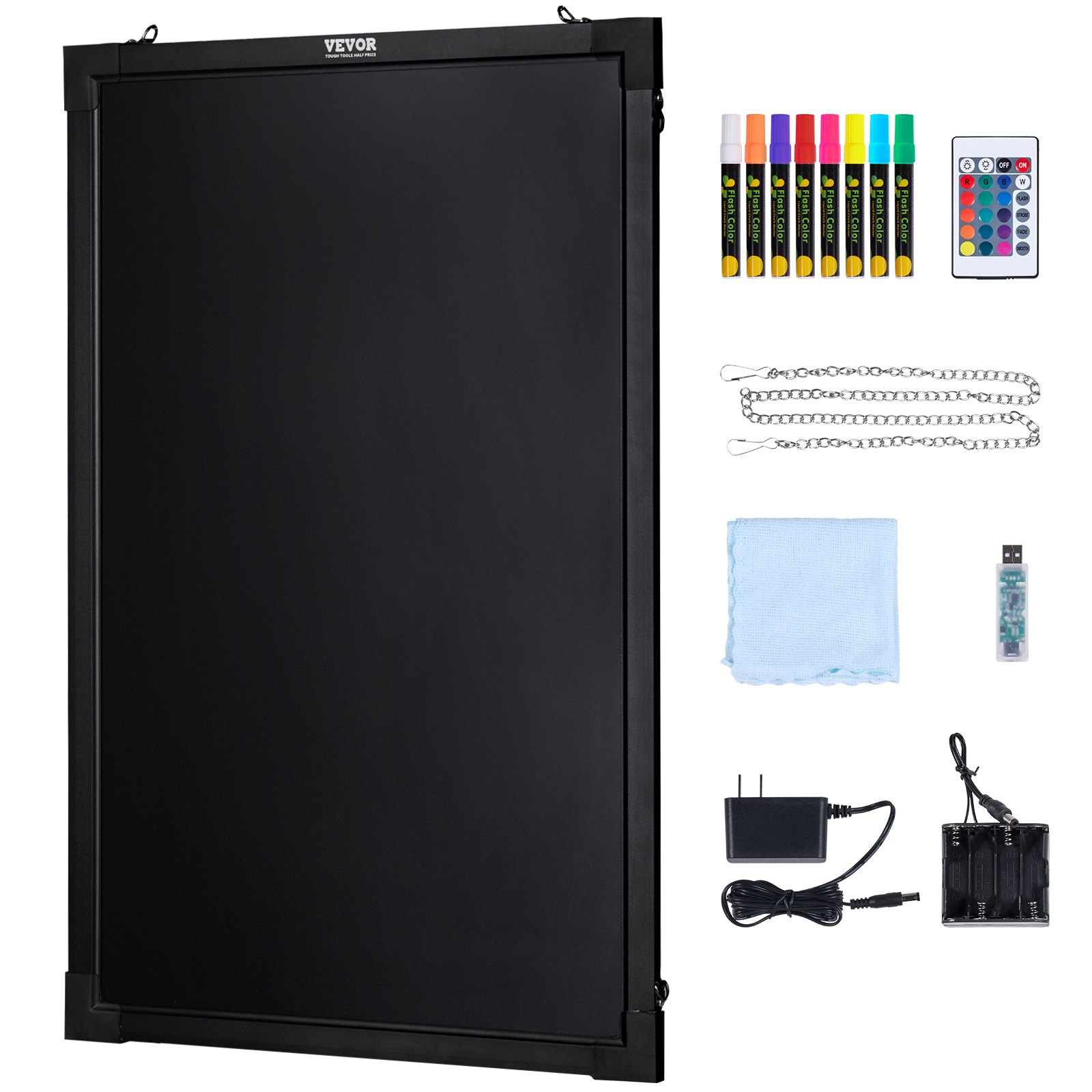 Tablero de escritura de mensajes LED VEVOR con accesorios que incluyen marcadores, control remoto, cadenas, tela, USB y adaptador.