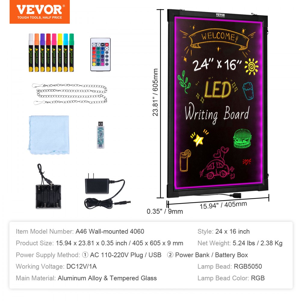 Tablero de escritura de mensajes LED VEVOR con 8 marcadores, control remoto, USB, cadenas, tela y adaptador de corriente.