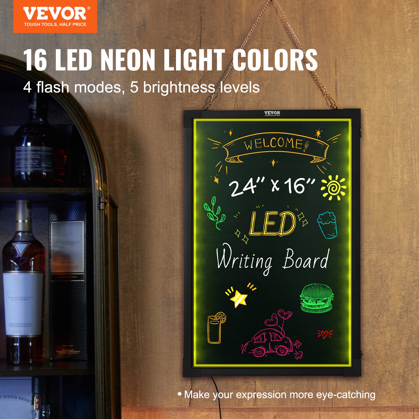 Tablero de escritura de mensajes LED VEVOR con 16 colores de luz de neón, 4 modos de flash y 5 niveles de brillo.
