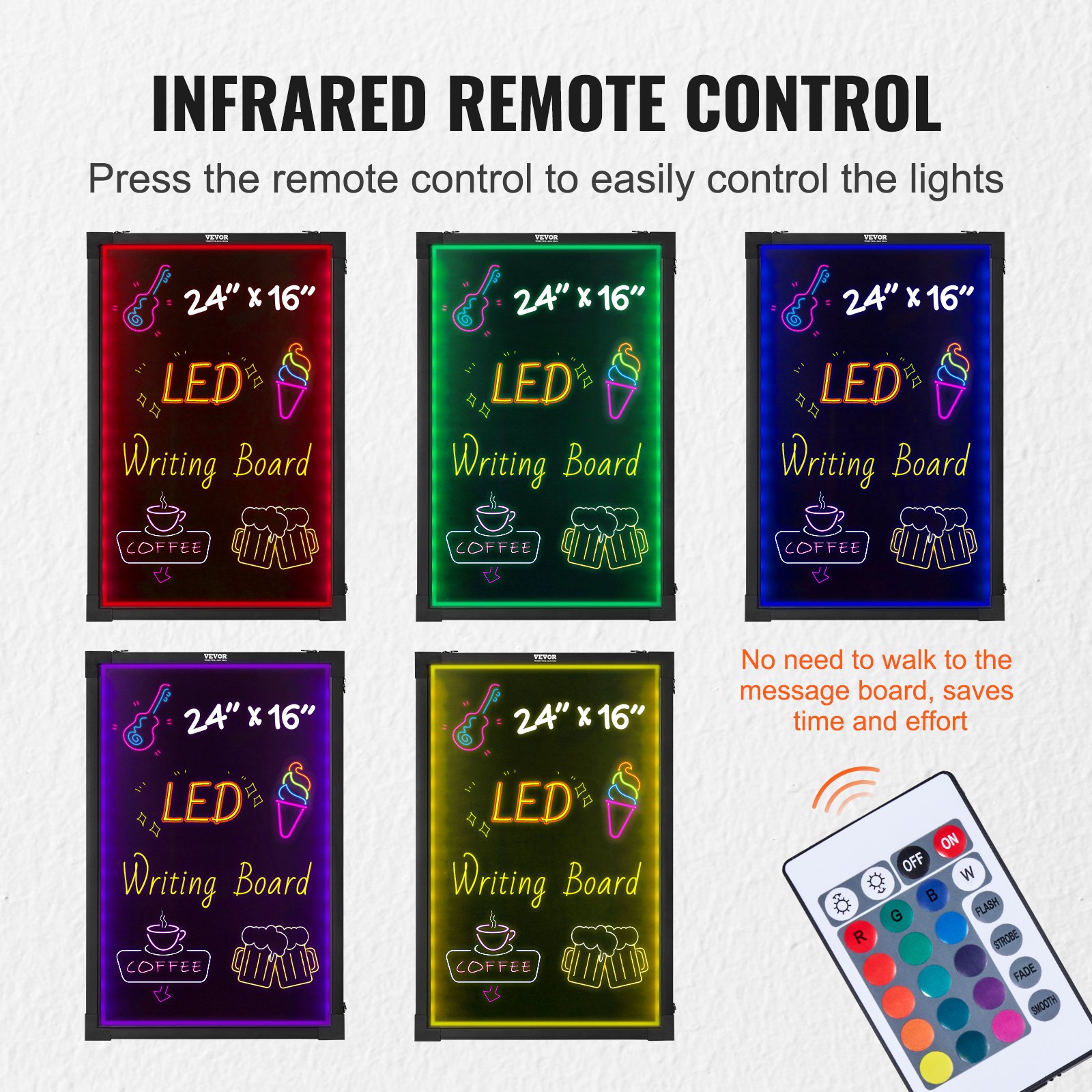 Tablero de escritura de mensajes LED VEVOR con control remoto que muestra diferentes opciones de color.