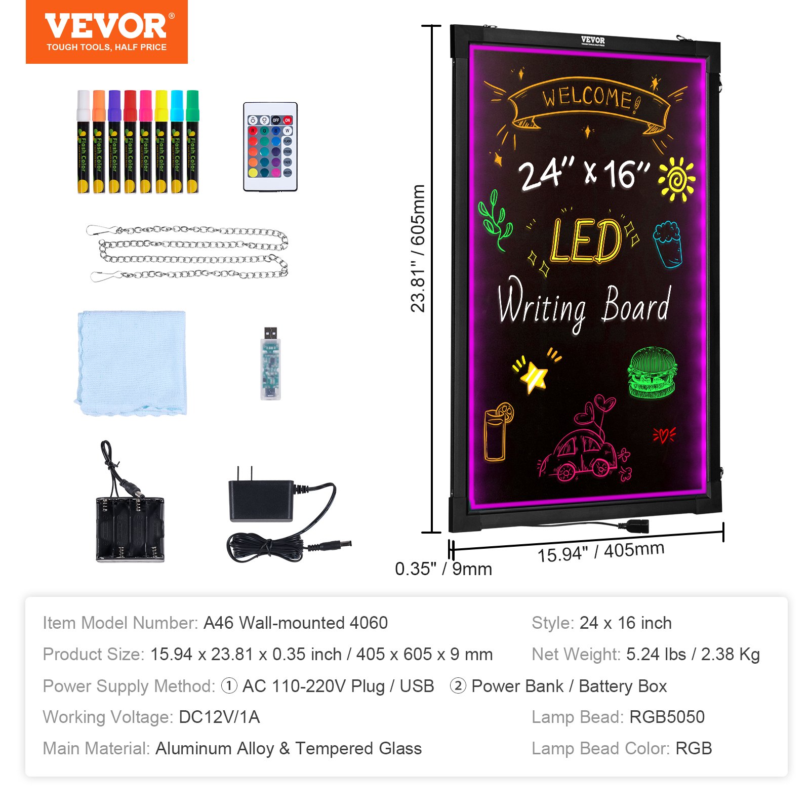 Tablero de escritura de mensajes LED VEVOR con 8 marcadores, control remoto, USB, cadenas, tela y adaptador de corriente.