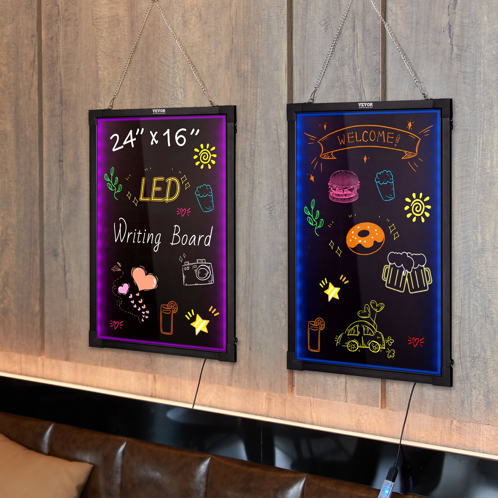 Tablero de escritura de mensajes LED VEVOR de 24&quot; x 16&quot; con dibujos coloridos, colgado en una pared de madera.