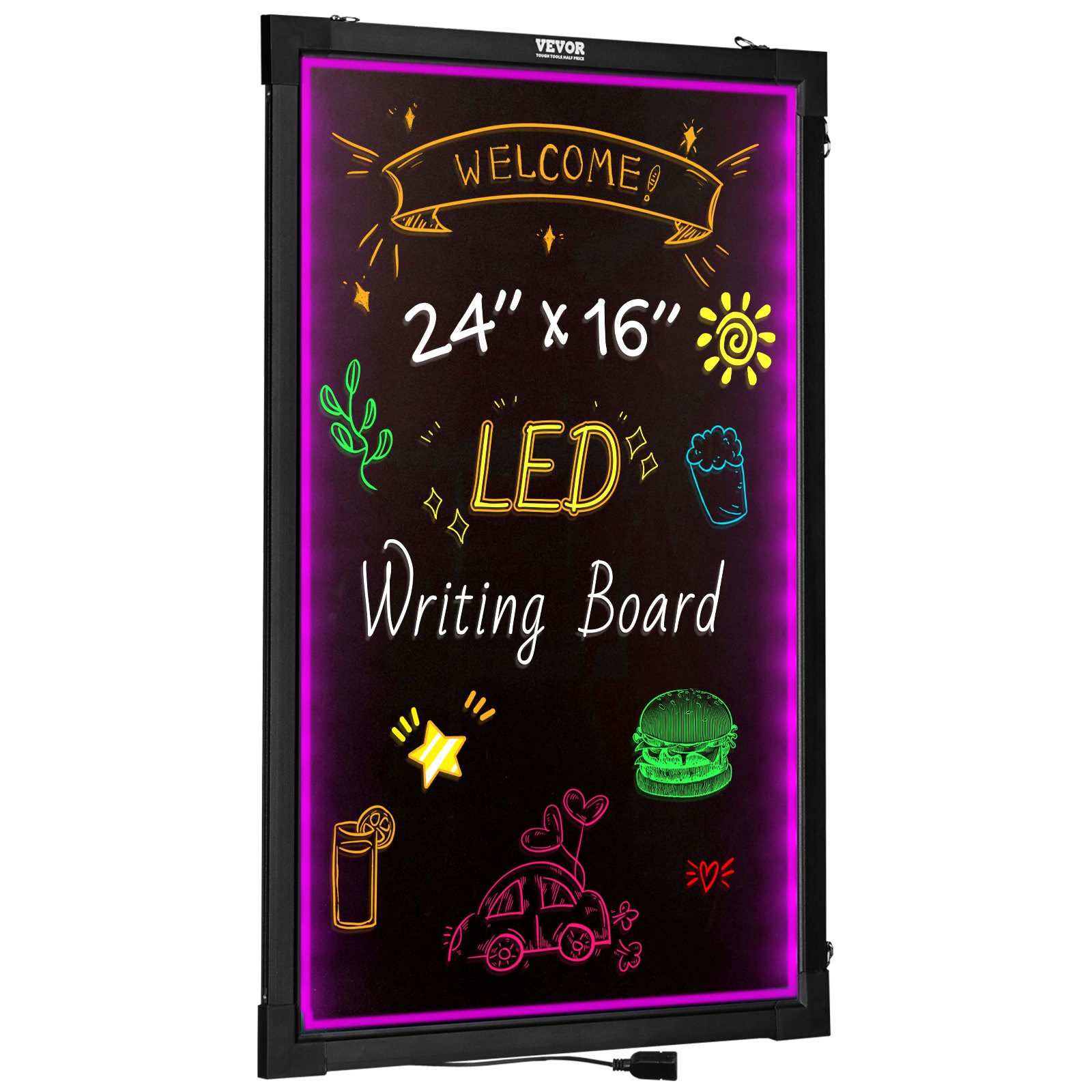 Tablero de escritura de mensajes LED VEVOR con dibujos coloridos, pantalla de 24&quot; x 16&quot; e iluminación con borde violeta.
